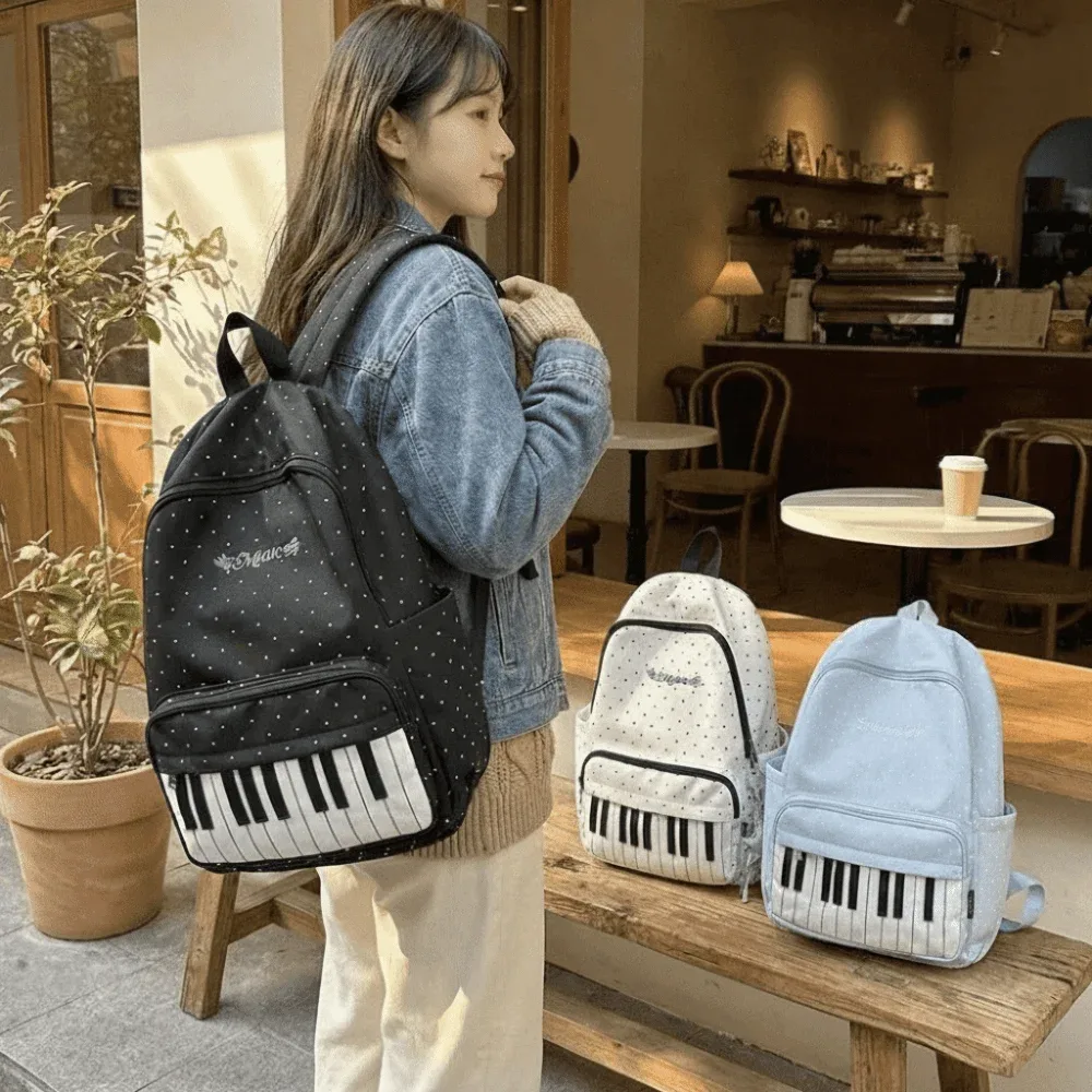 sac à dos en nylon à pois, color-block, mignon, grande capacité, style preppy, motif touches de piano, durable, pour l'école et les voyages