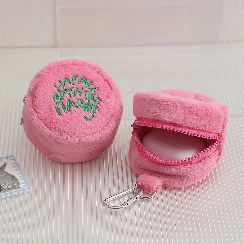 mini sac à monnaie rose en peluche kawaii harries, sac de rangement portable pour écouteurs, pochette à monnaie, sac gâteau