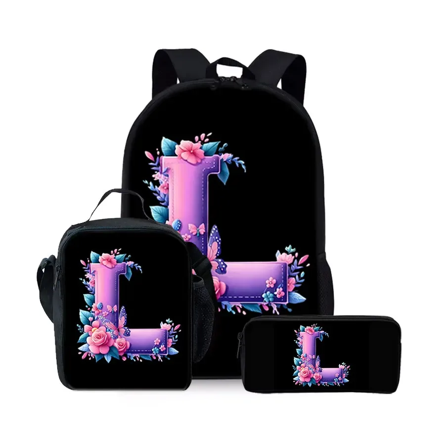 nouvel ensemble de sacs à dos trois pièces à motif alphabet anglais pour garçons et filles – meilleurs cadeaux – sac à dos scolaire plat 2d dessin animé pour enfants