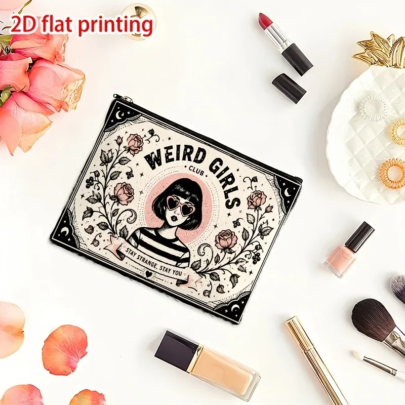 trousse de maquillage multifonctionnelle style rétro 'weird girls club' avec fermeture éclair, pliable, pour rangement de produits de beauté