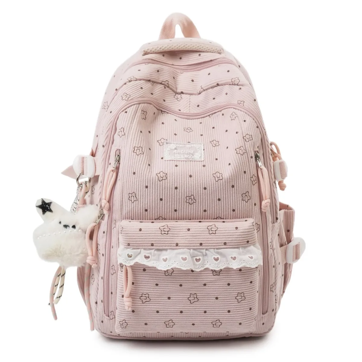 sac à dos décontracté en velours côtelé gris pour femme, motif étoile, breloque ours en peluche, multi-poches, sangle réglable, pour usage quotidien et scolaire 2026