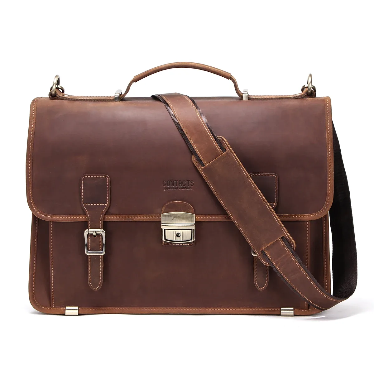 porte documents cuir vrai crazy horse marron foncé accents dorés compartiments poignées robustes sac main bandoulière voyage bureau