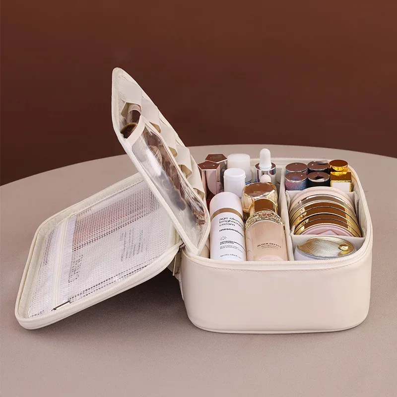 sac de maquillage fourre-tout de grande capacité en pu, organisateur de voyage, sac de rangement de cosmétiques, trousse de luxe pour femmes, pochette double couche, vente en gros