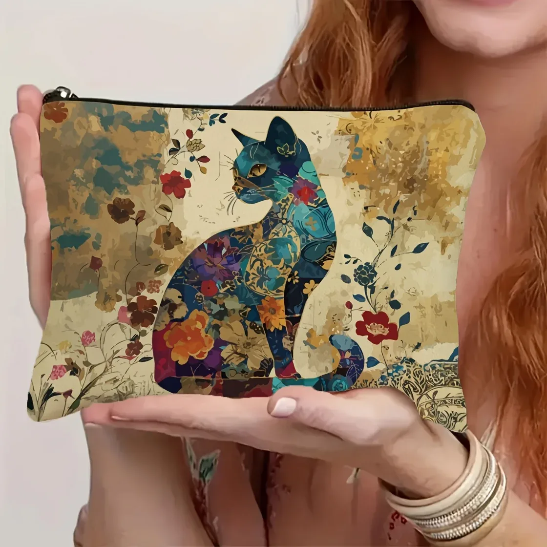 trousse de maquillage légère en polyester à motif de chat floral vibrant avec pochette cosmétique de voyage à fermeture éclair pour femmes, fleurs de design artistique