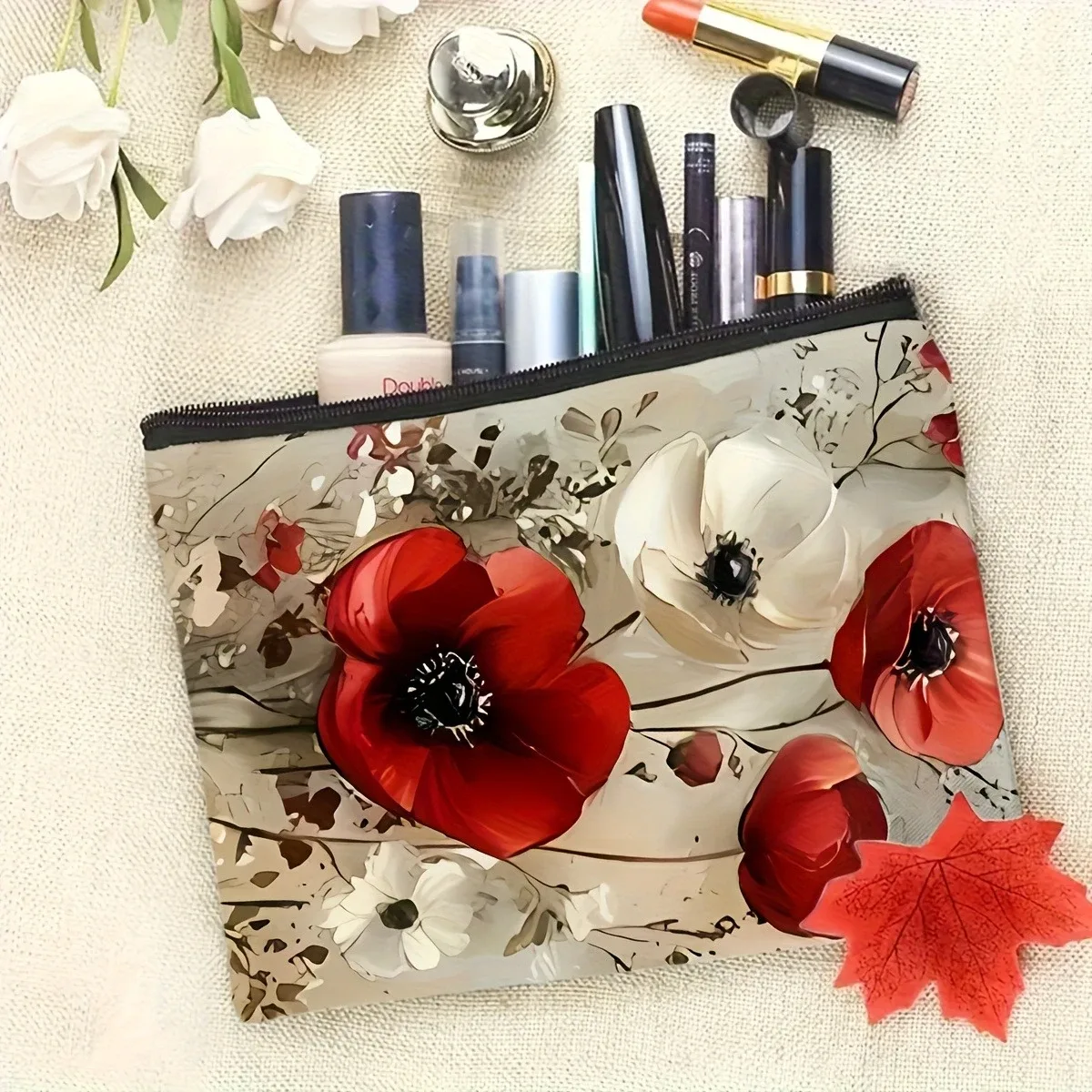 trousse à cosmétiques florale élégante – organisateur de maquillage en tissu durable avec coquelicots rouges et blancs, rangement léger et compact pour voyage et maison