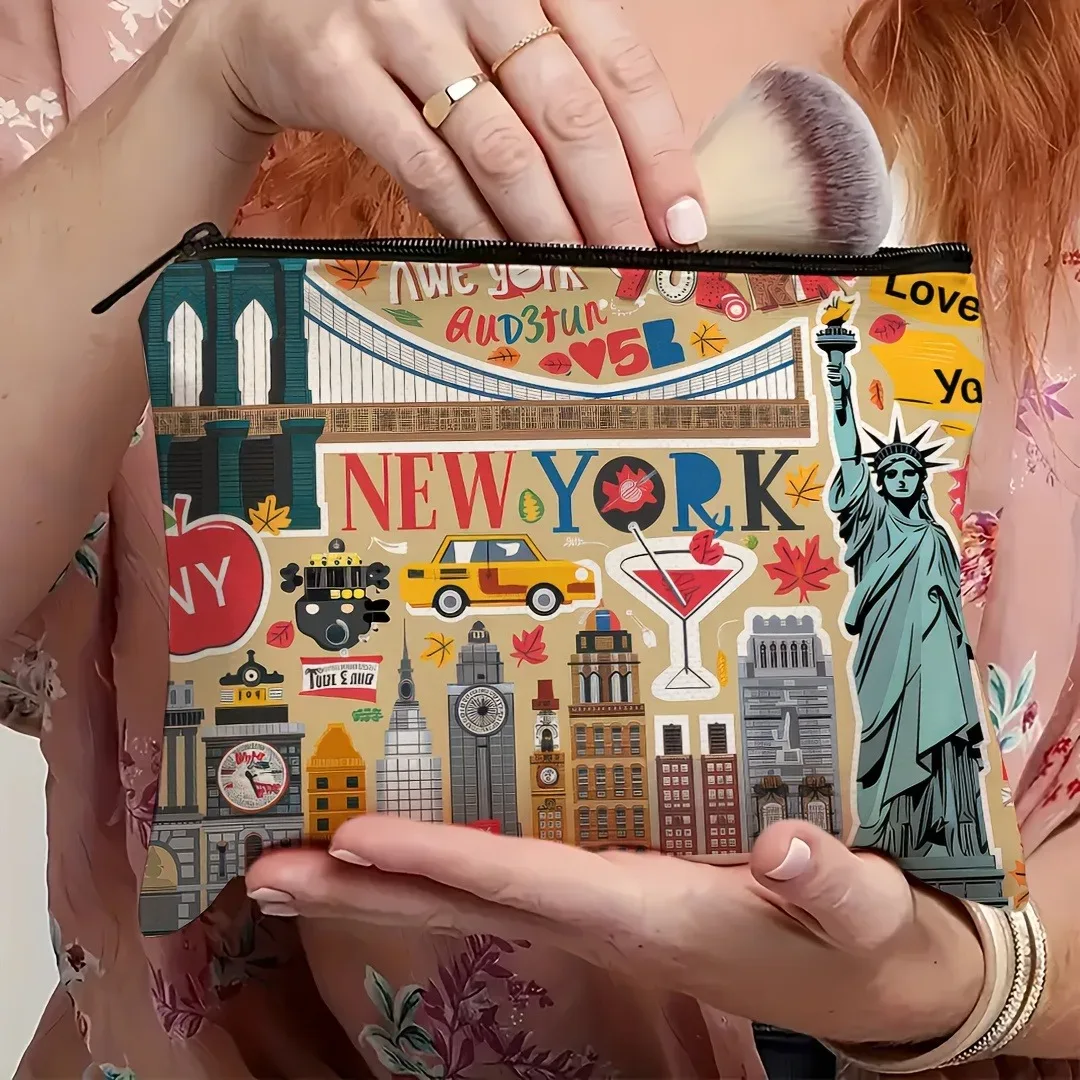 trousse de maquillage design new york city avec monuments emblématiques, pochette cosmétique de voyage compacte pour femmes, cadeau pour sac de rangement de noël