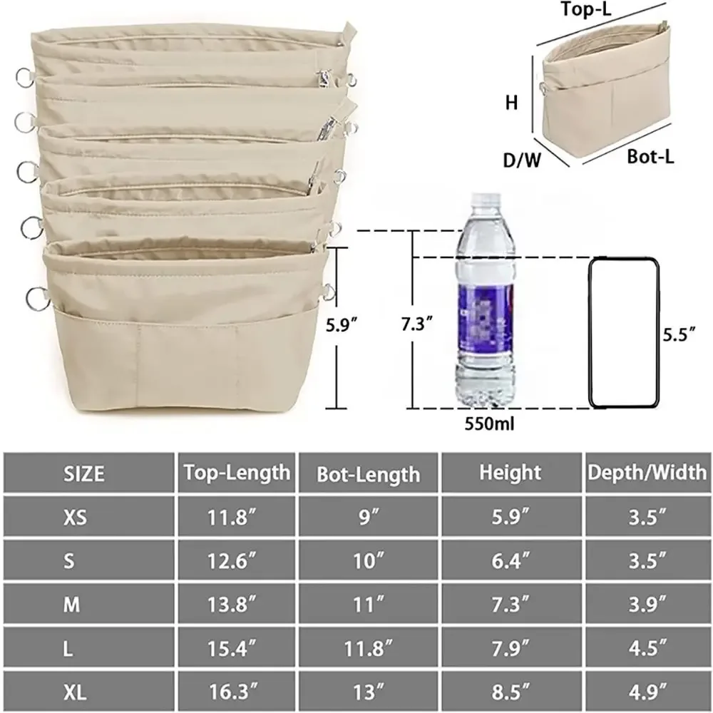 organisateur voyage nylon beige multipoches accessoires maquillage transport portable compartiments séparés poignée supérieure capacité grande