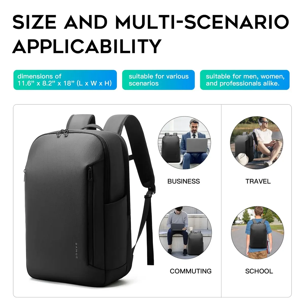 sac dos tpu noir bandes fixation poignée souple compartiment ordinateur portable polyester polyvalent voyage affaires