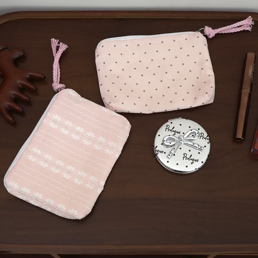 pochette cosmétique rayée rose pour femme, mini portefeuille mignon, pochette portable pour rouge à lèvres, écouteurs, clés, organiseur de maquillage de voyage