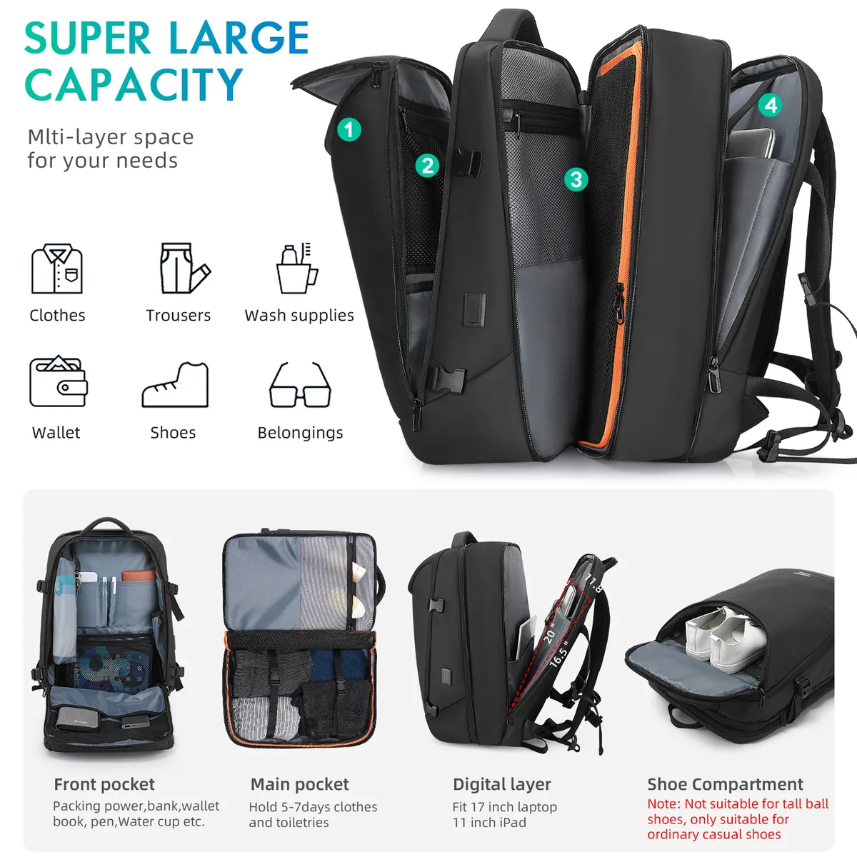 sac à dos extensible tangcool 36l-50l, imperméable, en oxford, pour ordinateur portable 17,3 pouces, voyage d'affaires, approuvé pour les vols