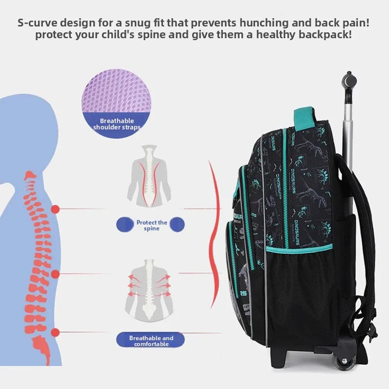 valise sac dos roulettes polyester noir bleu marine motif dinos saillies poche latérale épaule usage enfant garçon école voyage