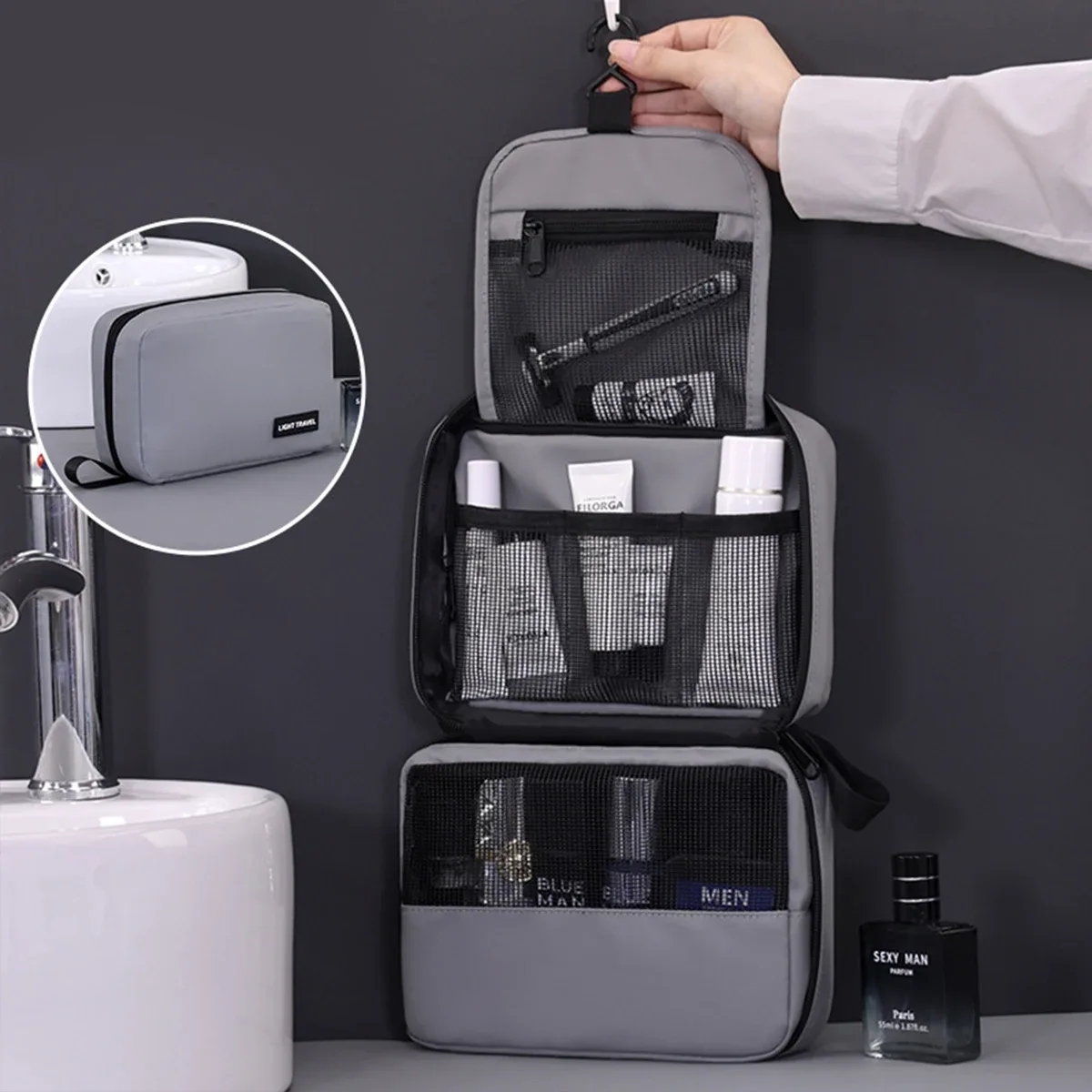 trousse de toilette pliable pour hommes, voyage d'affaires, plusieurs poches, étuis de maquillage cosmétiques, organisateur de rangement suspendu, sac de lavage