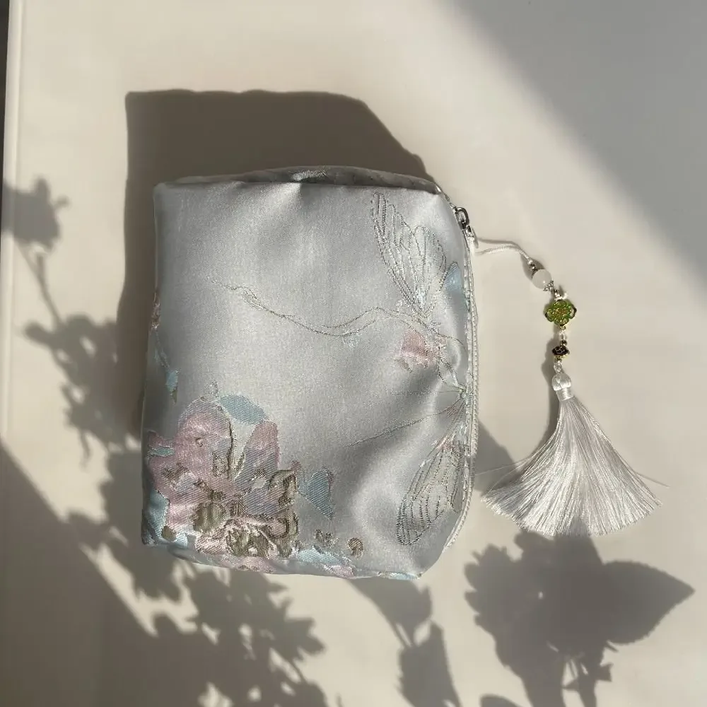 pochette cosmétique portable en polyester avec fermeture éclair, broderie florale, style chinois, organiseur de maquillage, pour voyage