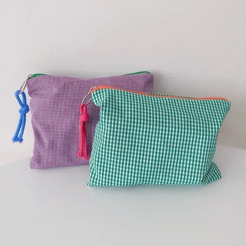 nouvelle trousse de maquillage à carreaux pour femme, grande capacité, en coton, avec fermeture éclair, pochette de voyage, sac cosmétique, nécessaire féminin