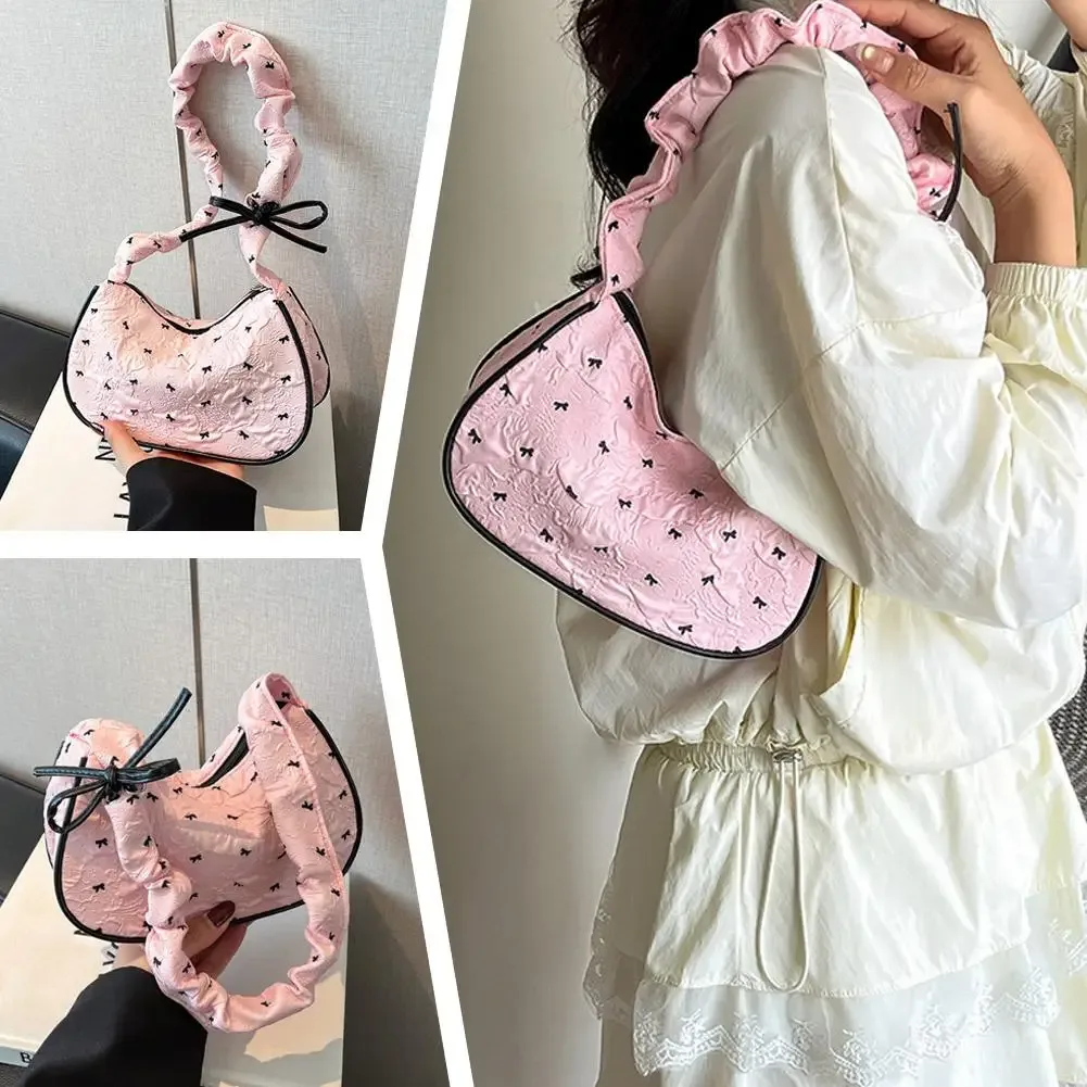 sac à bandoulière rose blanc, grande capacité, sacoche à nœud papillon, joli sac à main sous les bras pour adolescentes, école, collège, tenue décontractée l1q0