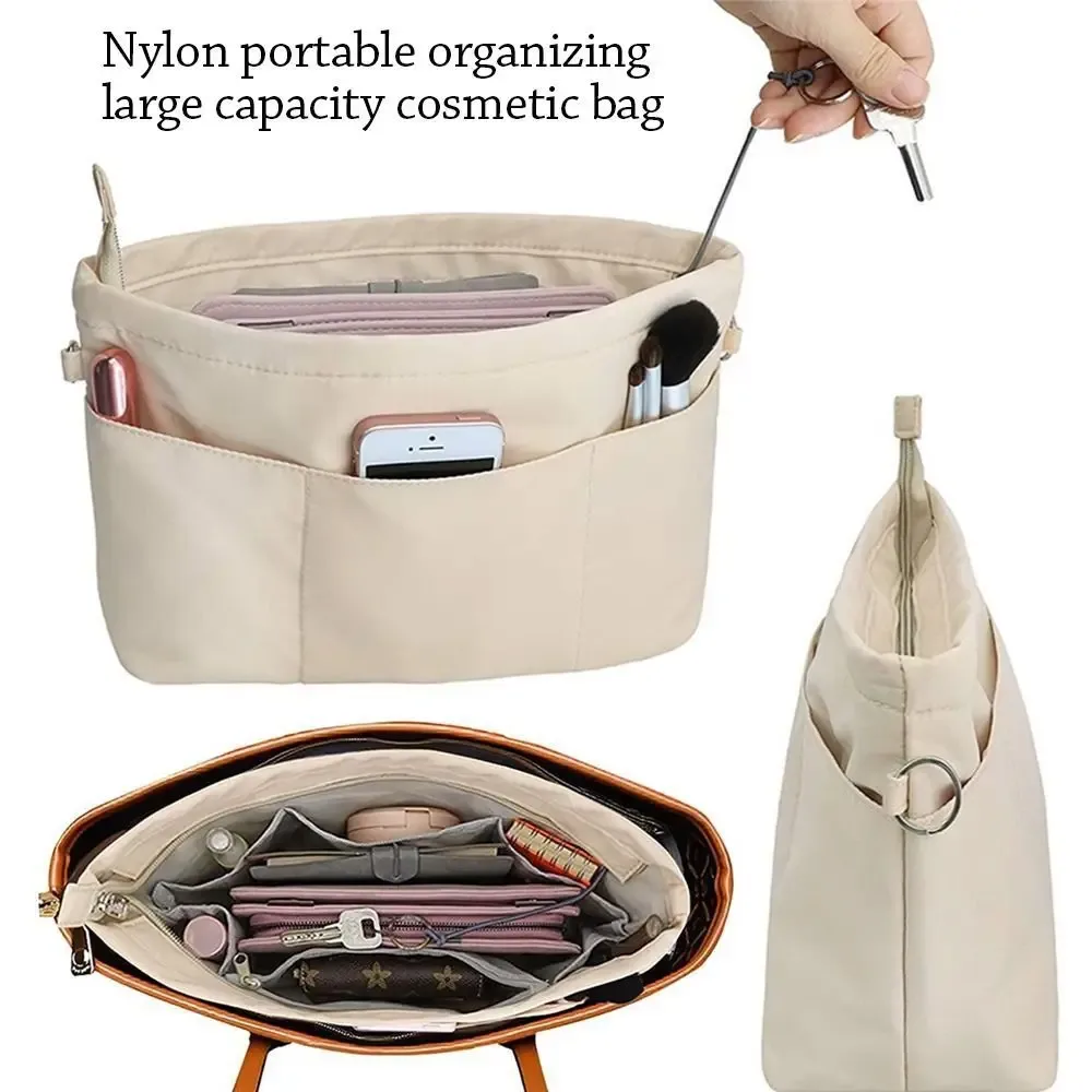 Organisateur Voyage Nylon Beige Multipoches Accessoires Maquillage Transport Portable Compartiments Séparés Poignée Supérieure Capacité Grande