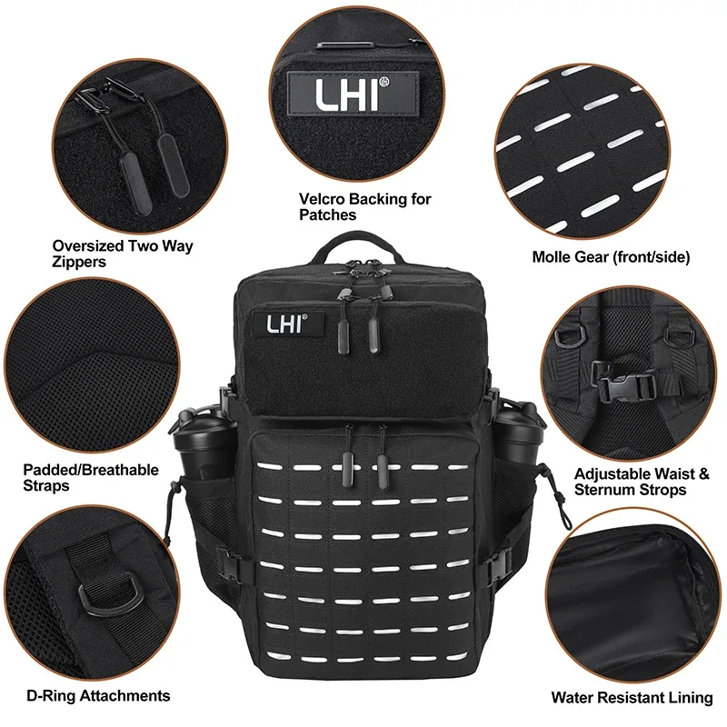 lhi 45l sac à dos tactique hommes noir spotrs athlète sac de sport camping en plein air randonnée sac à dos armée assaut pack avec porte-bouteille