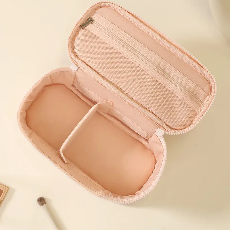 sac de rangement de maquillage de voyage en velours côtelé pour femmes, sac à cosmétiques portable à fermeture éclair avec poignée carrée, pochette de lavage de toilette de grande capacité