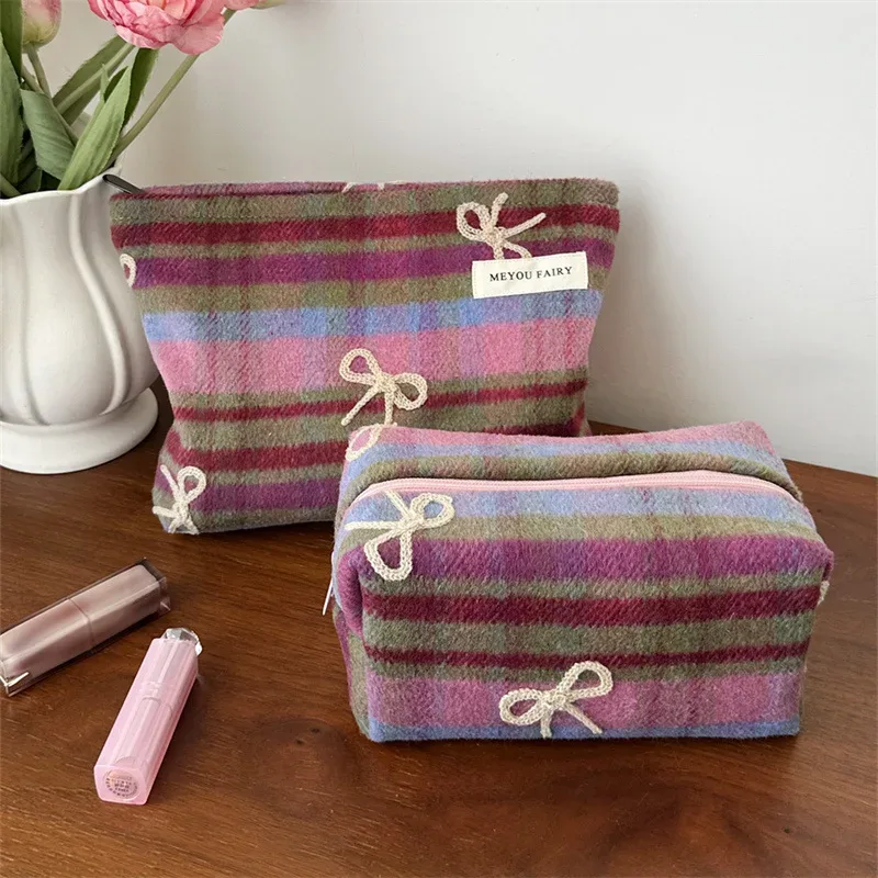 sac de maquillage à carreaux doux pour la saint-valentin, nouvel an, organisateur d'arc en tweed, trousse de toilette de grande capacité, pochette de transport à main portable