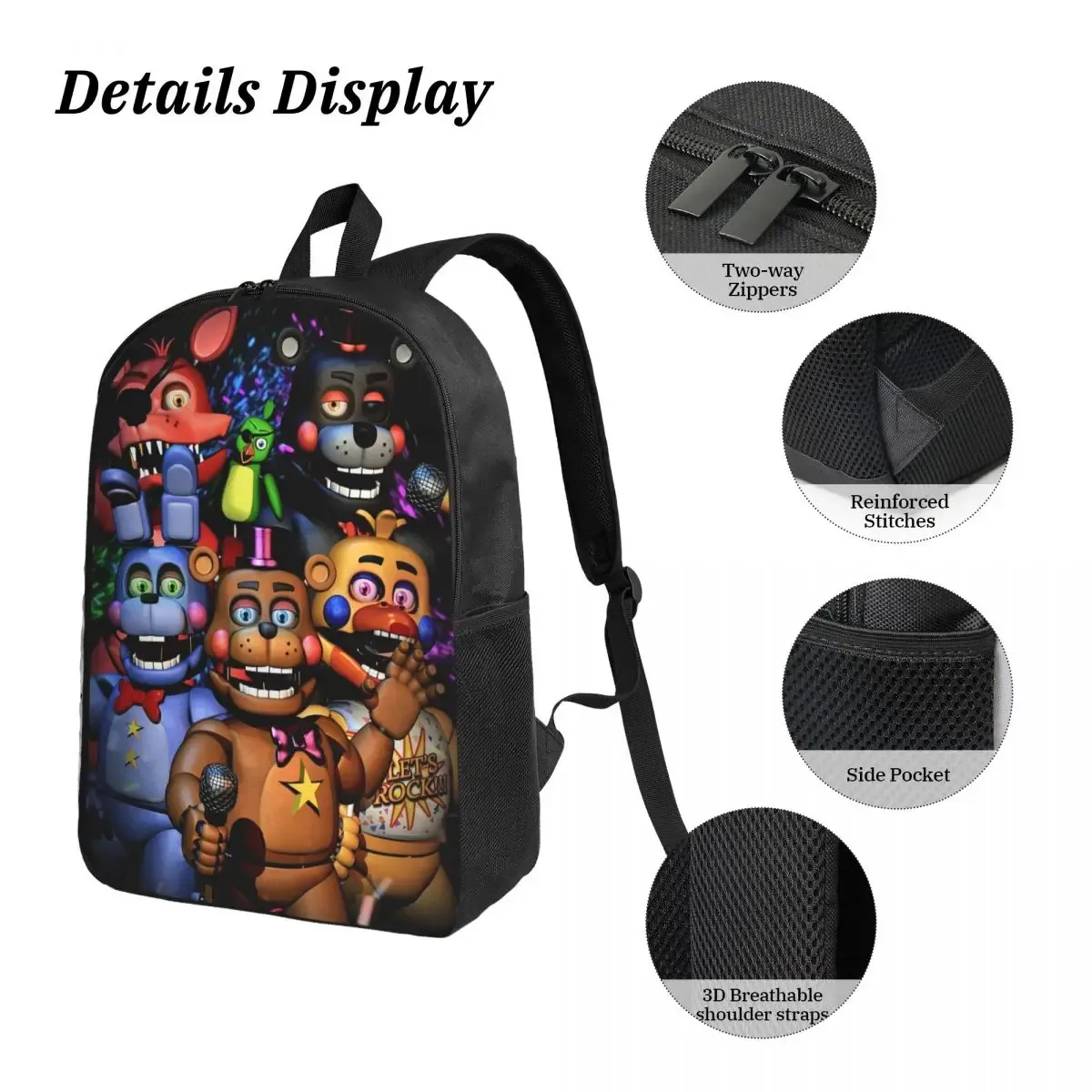 sac dos polyester animaux animatronics personnages série five nights at freddy noir sac lunch assorti bandoulières compartiment latéral grande capacité voyage