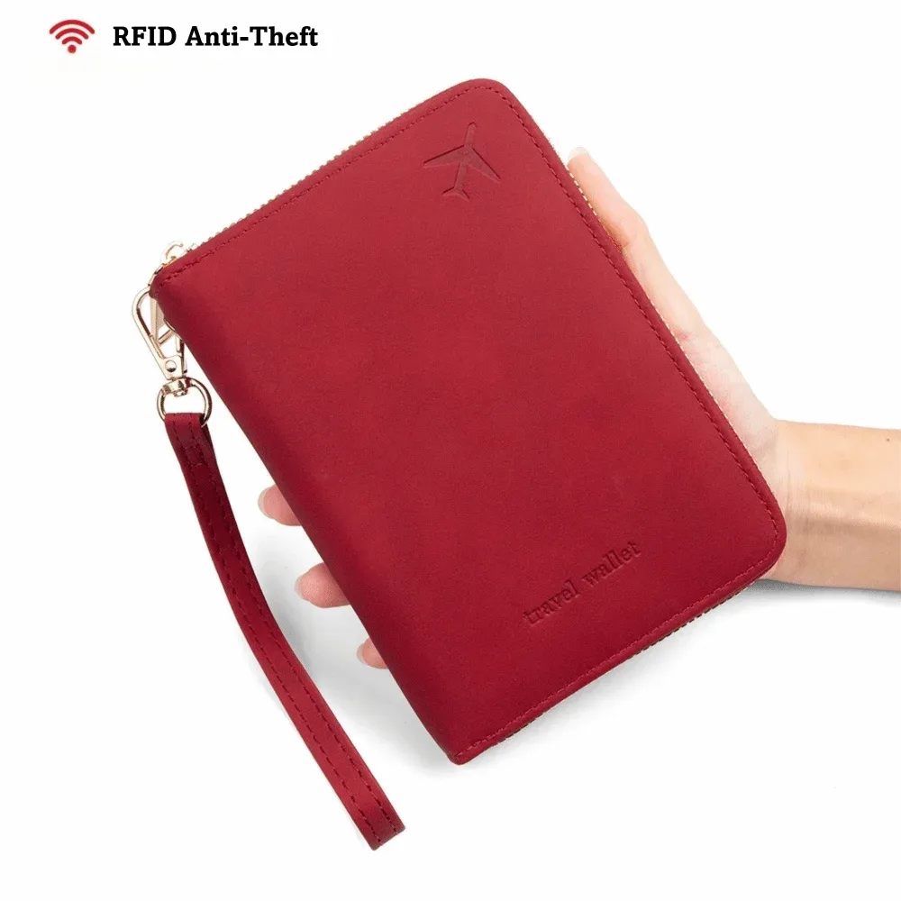 porte-passeport multifonctionnel en pu anti-rfid, couleur unie, avec fermeture éclair, porte-monnaie unisexe