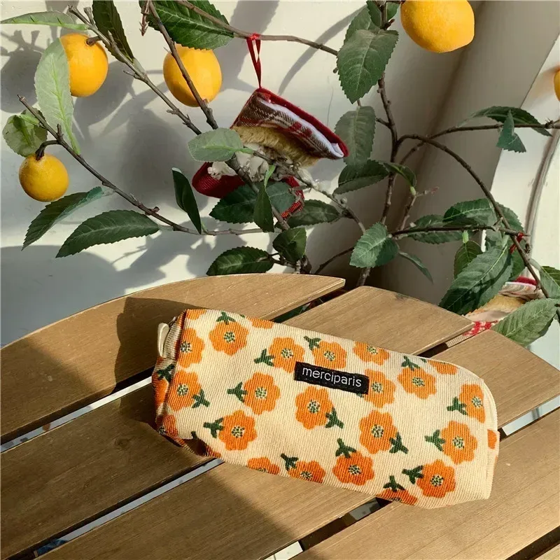 sacs de maquillage en velours côtelé pour femmes, sac à cosmétiques imprimé floral, trousse à crayons, trousse de toilette de voyage, sac de rangement, organisateur, trousse de beauté