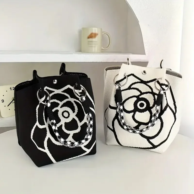 sac à main tricoté à fleurs pour femmes, sac à bandoulière couleur contrastée, sac à main de plage portable pour dames, fourre-tout de shopping
