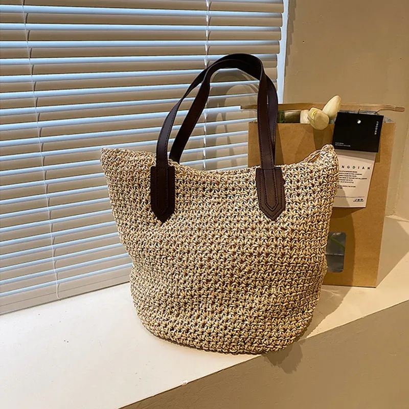 sacs de plage d'été pour femmes, sacs à bandoulière tissés en rotin faits à la main, sac en paille de grande capacité, sac à main bohème décontracté de voyage, fourre-tout