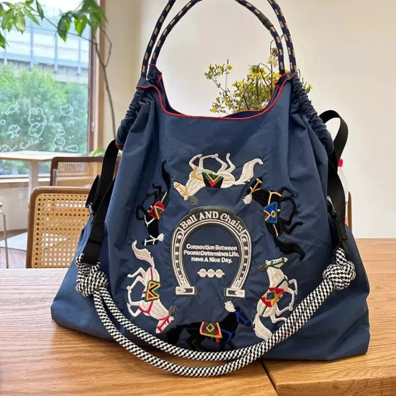sac fourre-tout en nylon brodé pour femmes, sac messager de grande capacité, sac de shopping décontracté pour femmes
