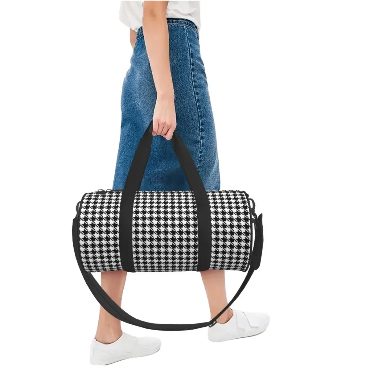 grand sac de sport pied-de-poule à motif noir et blanc, sacs de voyage multifonctionnels, sacs à main, sac de fitness