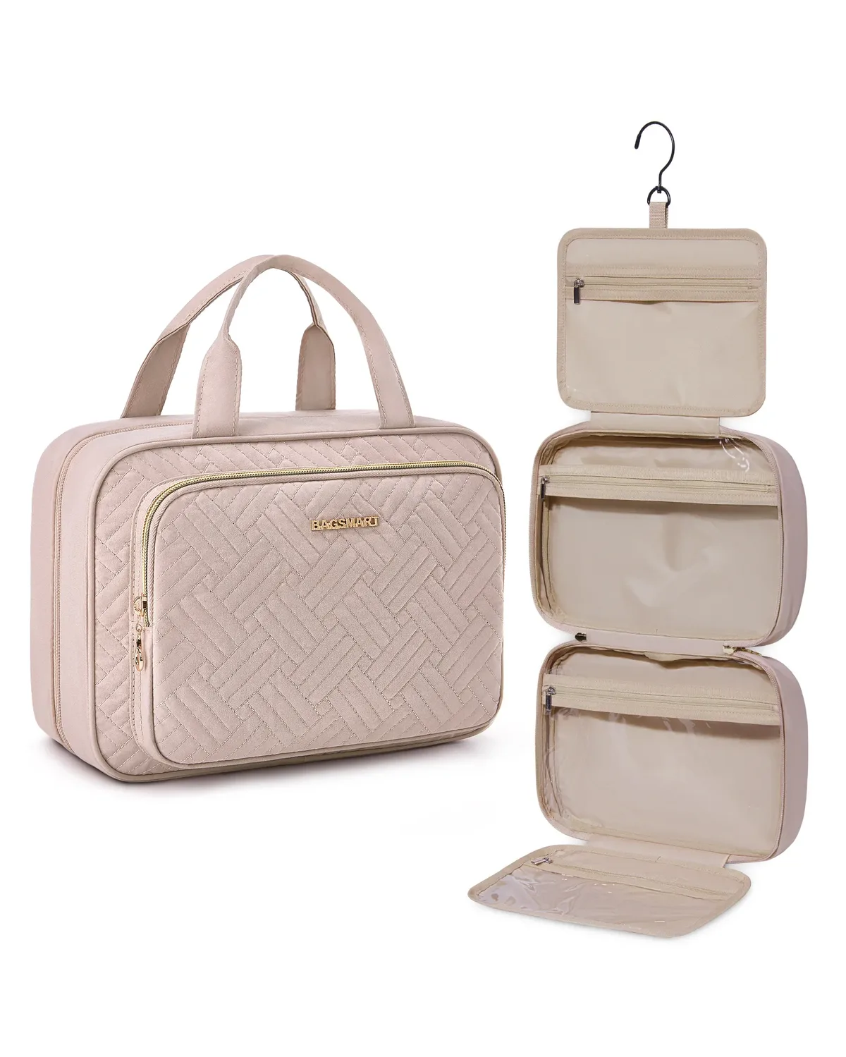 trousse toilette pvc noire accent doré compartiments organisation maquillage voyage boîte format rectangle motif géométrique relief frontal
