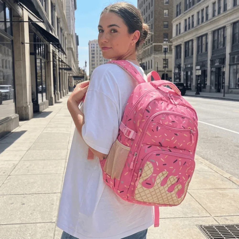 sac dos tissu oxford imprimé glace vanille perles colorées rose motif original grande capacité usage etudiant voyage