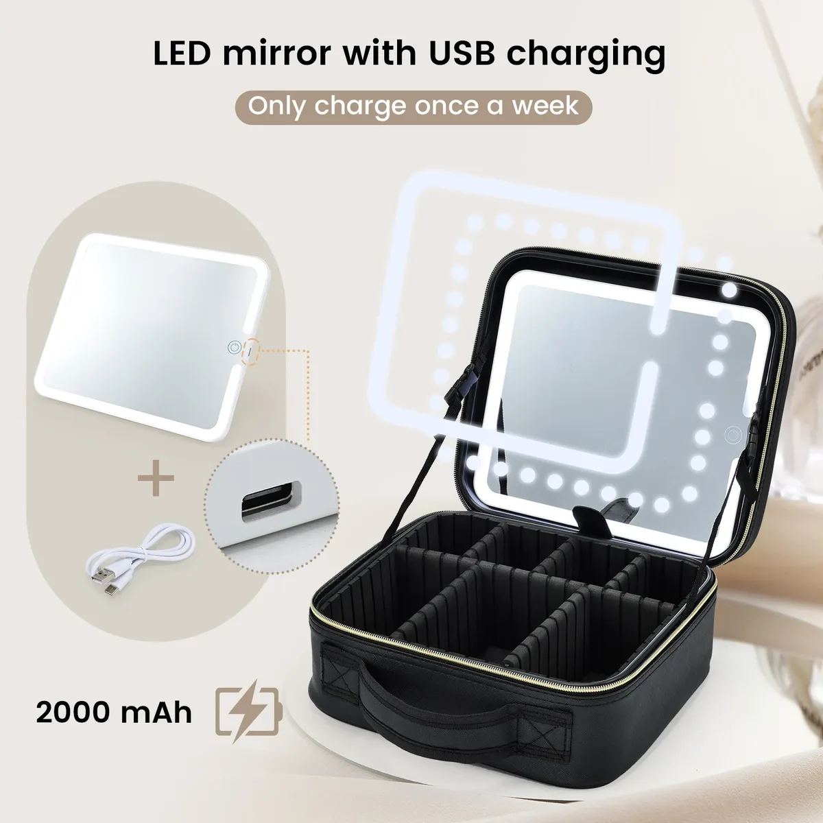 trousse de maquillage avec miroir led, 3 modes d'éclairage, trousse de maquillage avec miroir de vanité avec lumières, trousse de maquillage de voyage avec miroir éclairé
