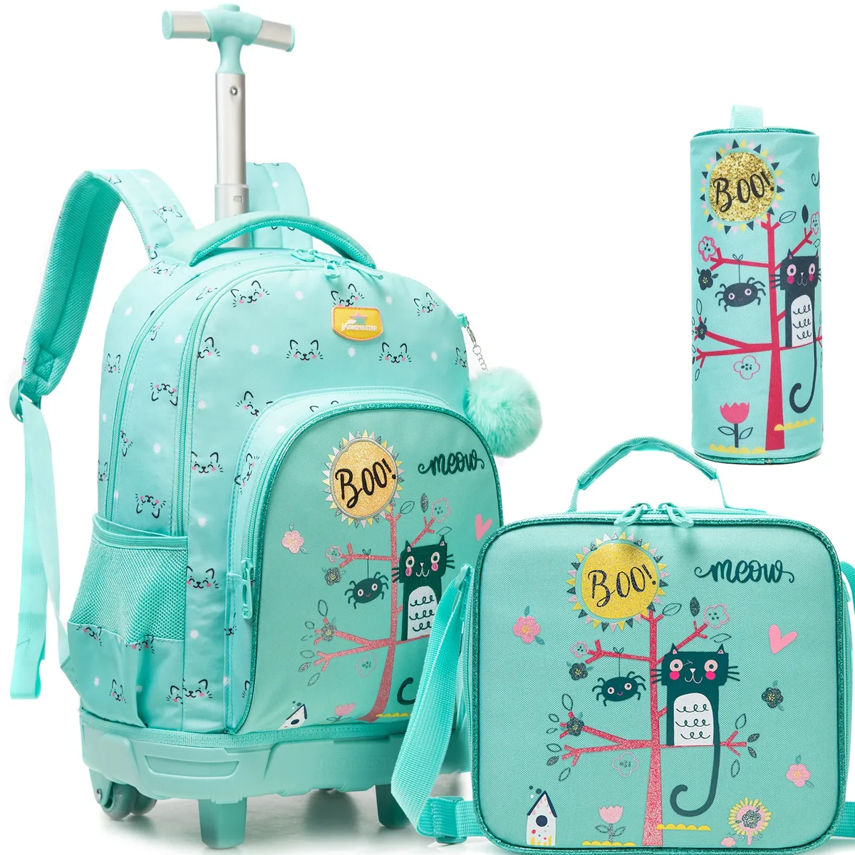 sac dos polyester bleu marine chat rose bicyclette fleurs multicolores grande capacité poche ordinateur portable roues fixes accessoires enfants voyage ecole