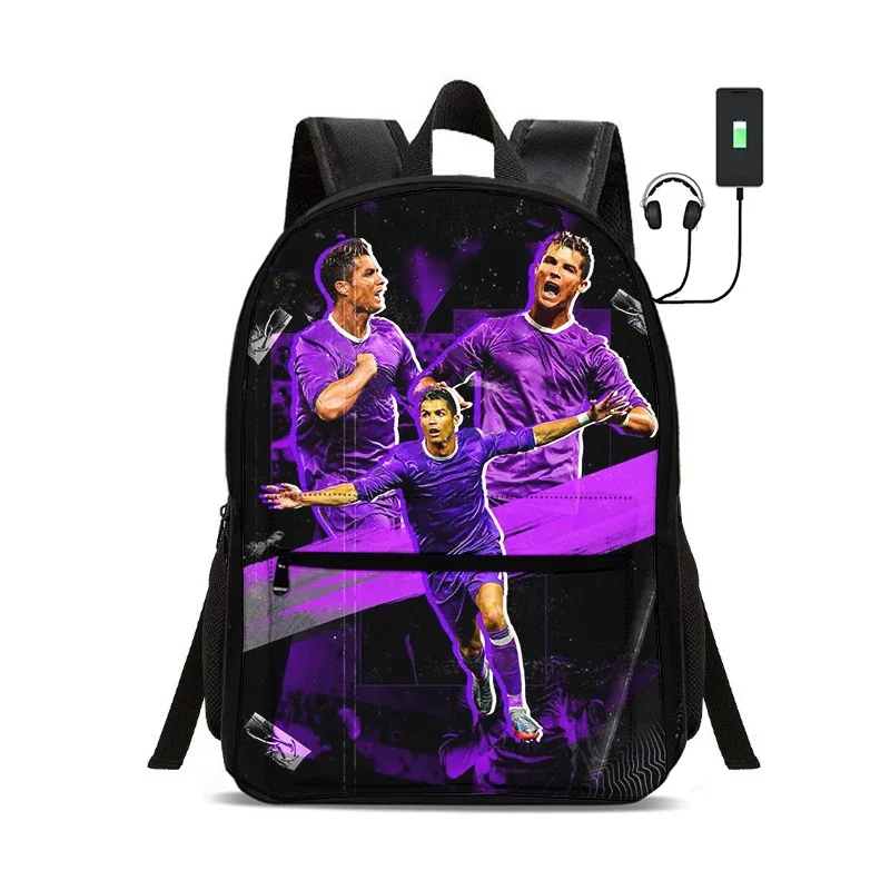 sac à dos de star du football avec interface usb, sac à dos ronaldo pour étudiants, sac à dos pour garçons et filles, meilleur cadeau