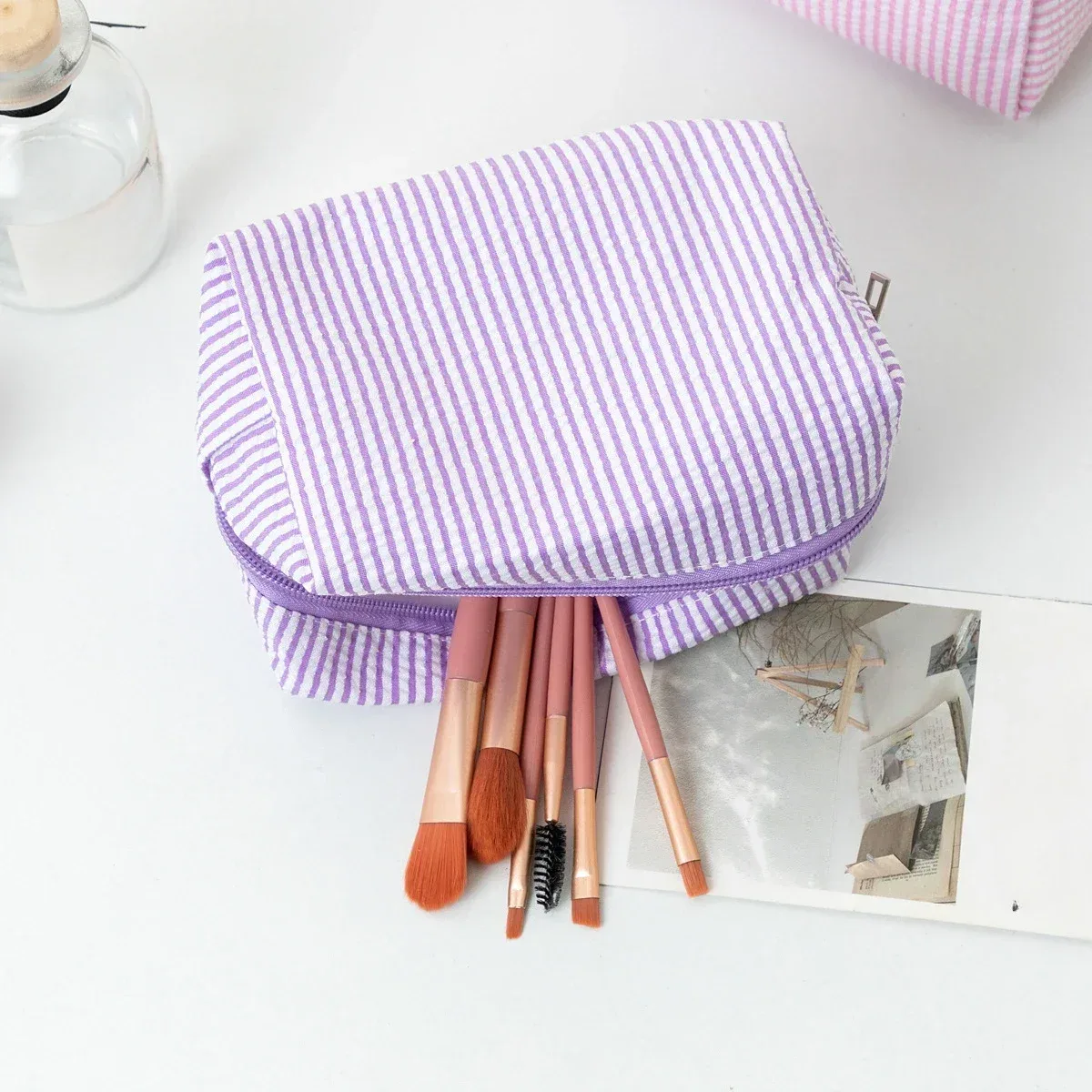 sac à cosmétiques rayé, trousse de maquillage rose violet pour femmes, organisateur de voyage avec fermeture éclair