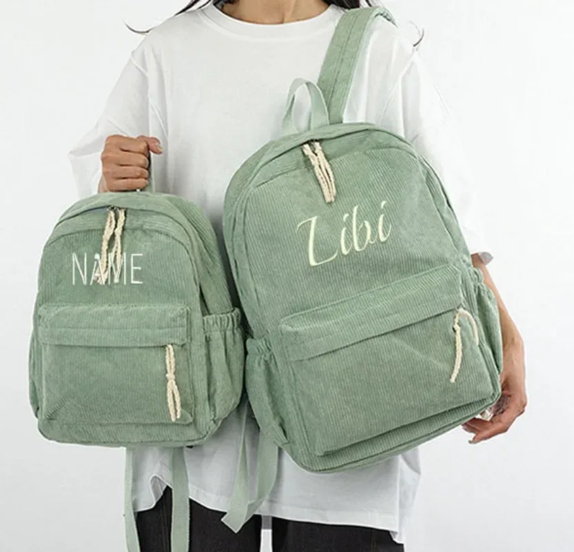 sac dos velours côtelé broderie personnalisation voyage grande capacité pliable extensible poche intérieure poche extérieure bandoulière arquée fermeture éclair