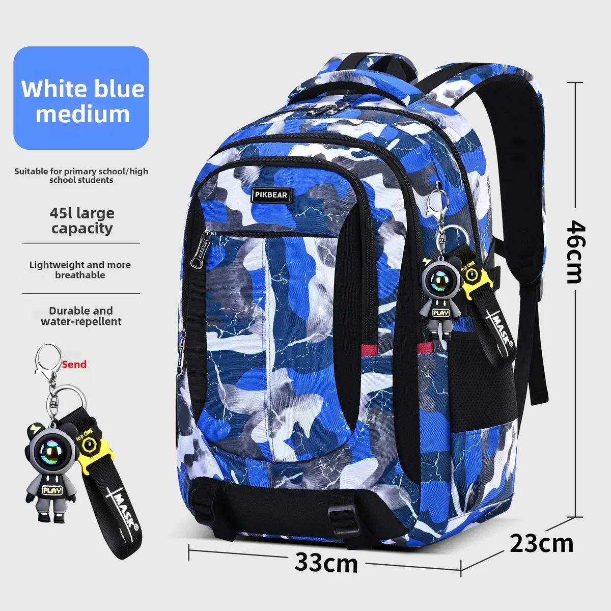 sac dos nylon camouflage bleu noir adolescents écoliers compartiment poches latérales fermeture éclair voyage