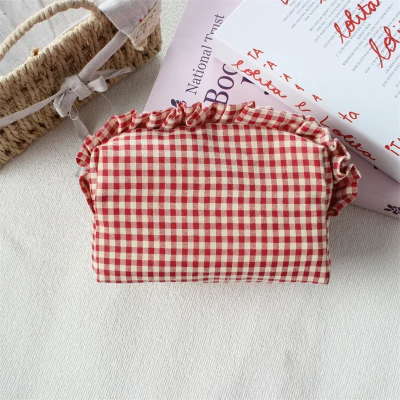 pochette de maquillage à franges en tissu gingham, style coréen, grande capacité, portable, trousse de toilette de voyage pour filles et femmes