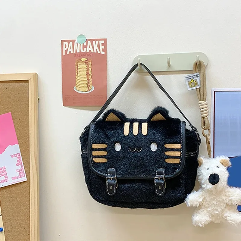 sac messager en peluche pour femme, joli sac à main de dessin animé, visage de chat mignon, sacs à bandoulière initiés