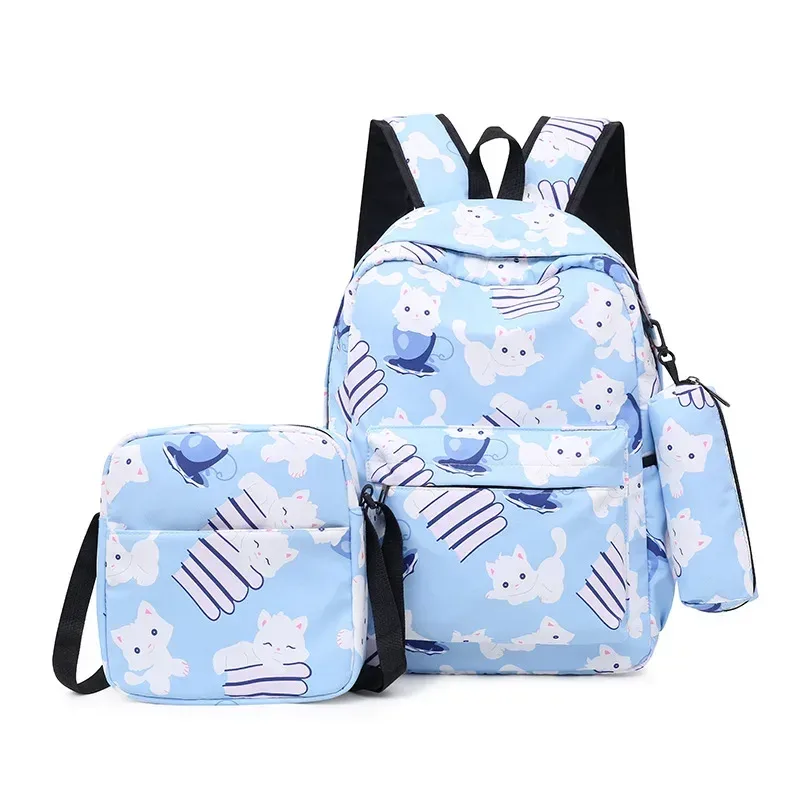 sac dos nylon noir motif géométrique bleu blanc poches lateral zipper usage école voyage