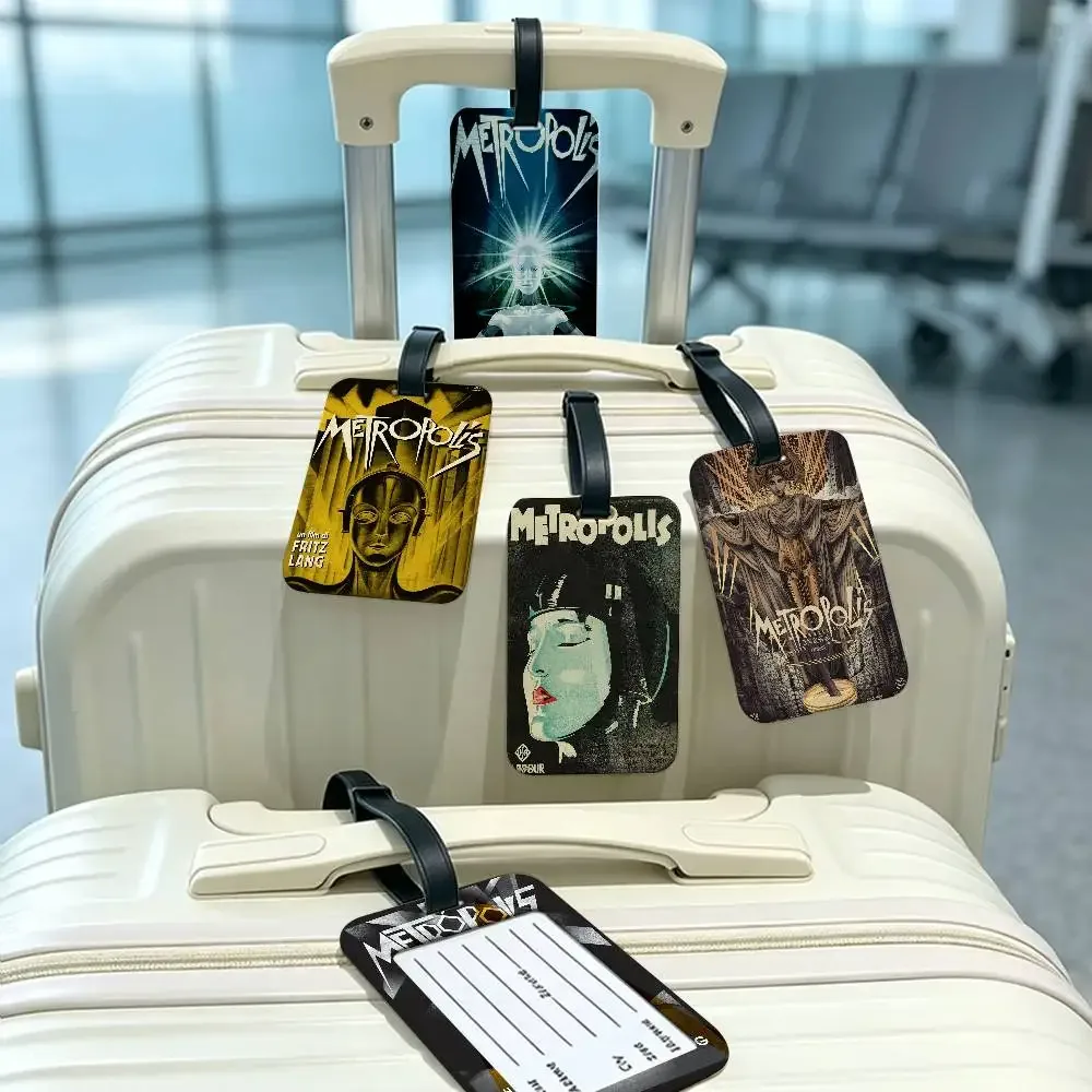 étiquette de bagage en pvc légère anti-perte, style rétro années 80, inspirée du film metropolis (allemagne), avec pochette amovible pour carte d'information, pour sac à dos