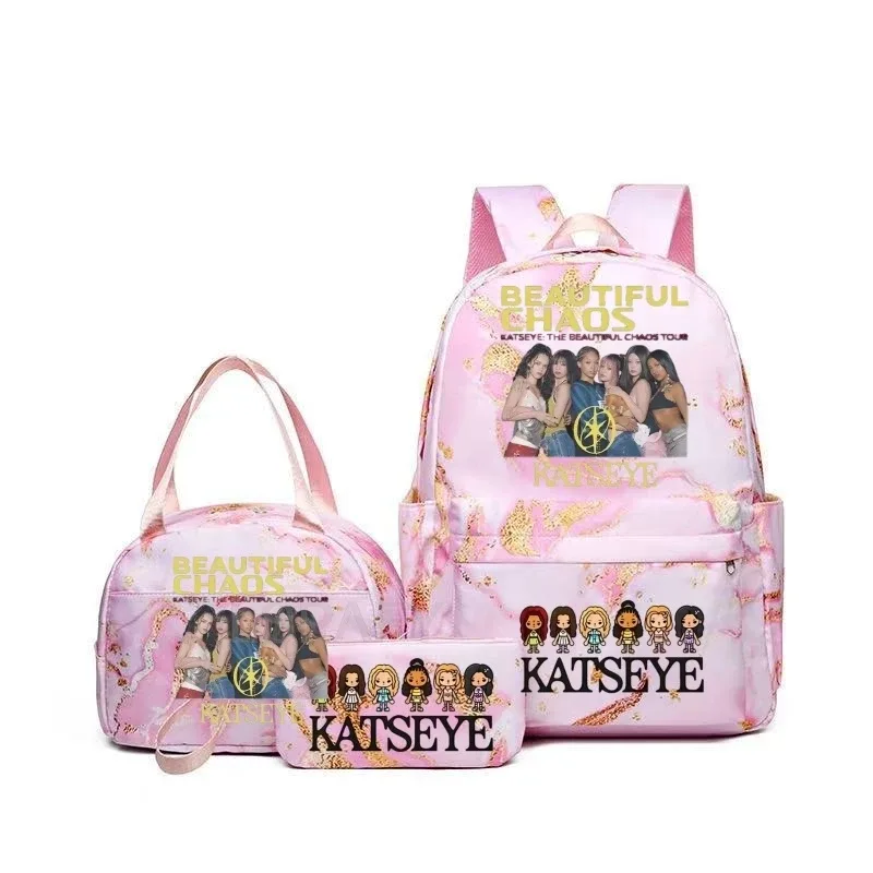sacs à dos katseye à imprimé amusant avec sacs à lunch, multi-poches, camouflage, pour adolescents, sac à dos de voyage pour ordinateur portable, sac d'école pour femmes, mochila