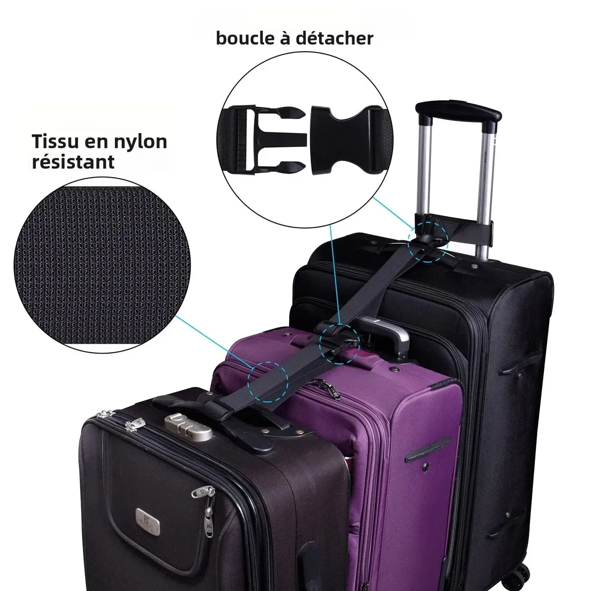 sangle bagage nylon noire réglable boucle amovible ajustement voyage sécurité transport multiple valises fixation
