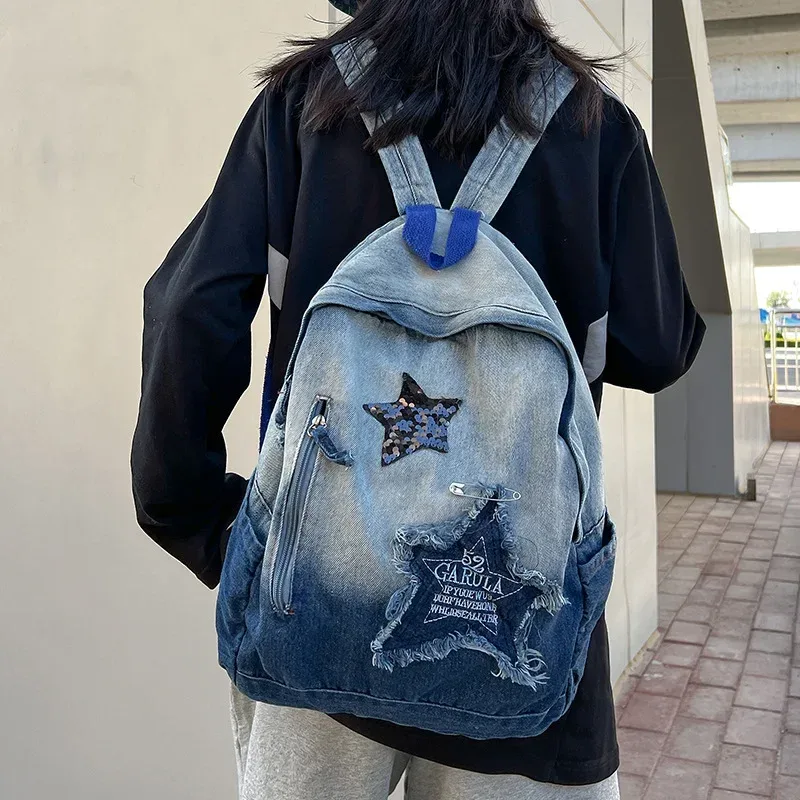 Y2K coréen décontracté Denim sac à dos mode étoile modèle grande capacité étudiant cartable adolescents Vintage Punk voyage livre sac
