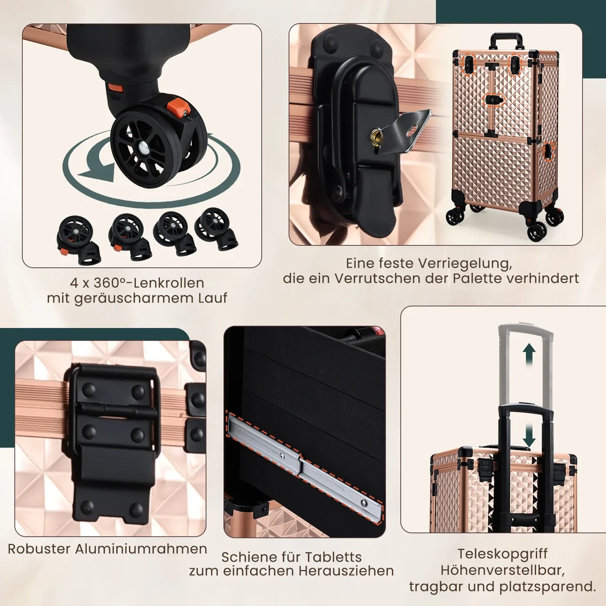 trolley de maquillage professionnel à roulettes avec grand tiroir profond et 4 plateaux, chariot de maquillage roulant, valise pour tatoueurs, barbiers et ongleries, station de maquillage, valise de cosmétologie à roulettes, table de manucure roulante