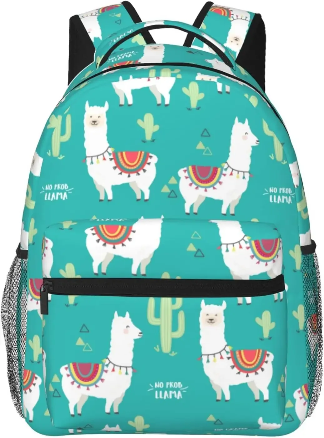 sac dos polyester noir motif lamas fruits vert pastel format rectangulaire sangle chaîne fermeture éclair poche intérieure zippée usage voyage école université