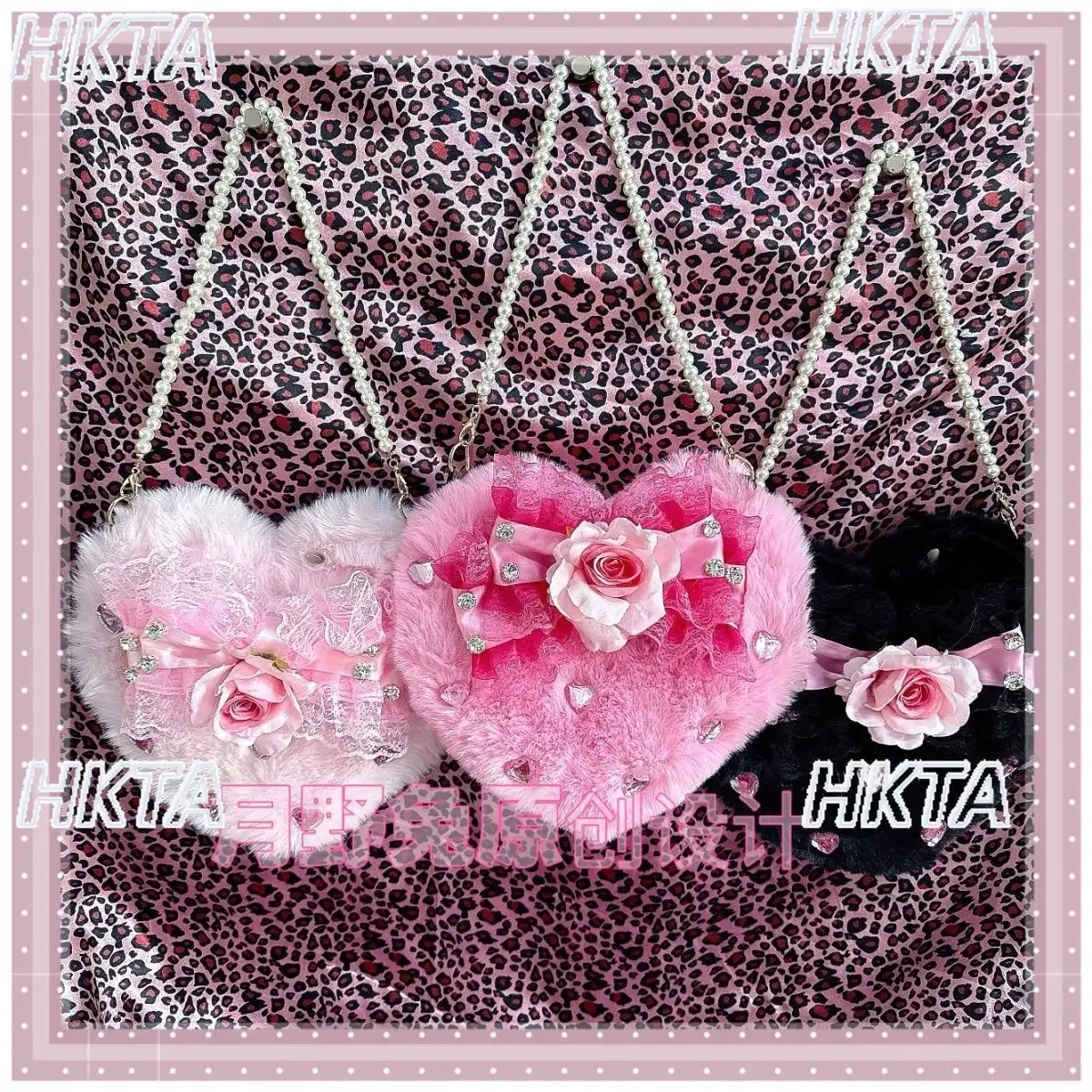 sac à main original fait main en fourrure et perles, style lolita princesse, avec chaîne et nœud en forme de cœur, sac à dos lolita mignon