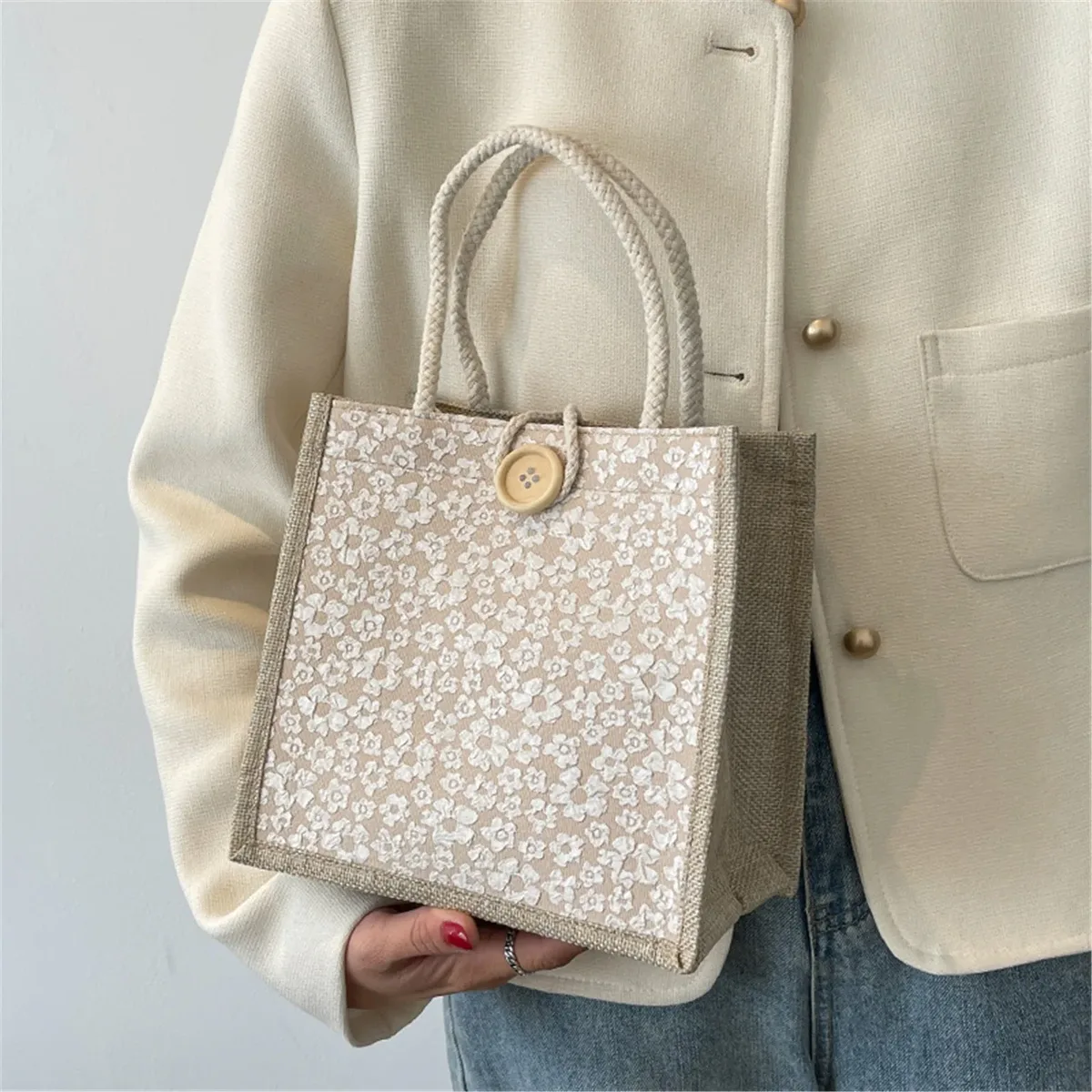 sac fourre-tout en coton à motif floral, sac à main polyvalent portable de grande capacité, sac d'emballage cadeau, sac à déjeuner, sac de shopping à boutons en lin