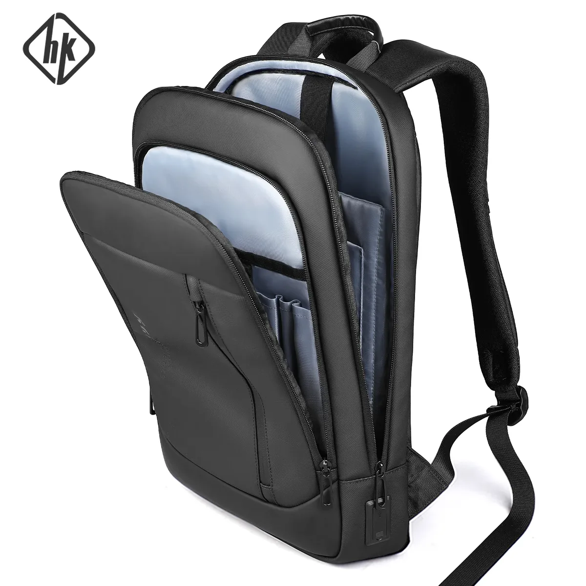 sac à dos pour ordinateur portable hk slim 15,6 pouces pour hommes, sac à dos d'affaires léger, antivol, étanche, sac de voyage pour l'école, sac pour hommes avec port usb